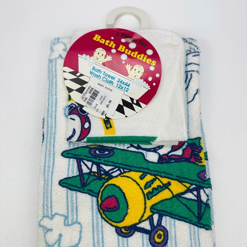 Vintage Peanuts Snoopy Charlie Brown Bath Buddies 2pc Towel Washcloth Set NEW